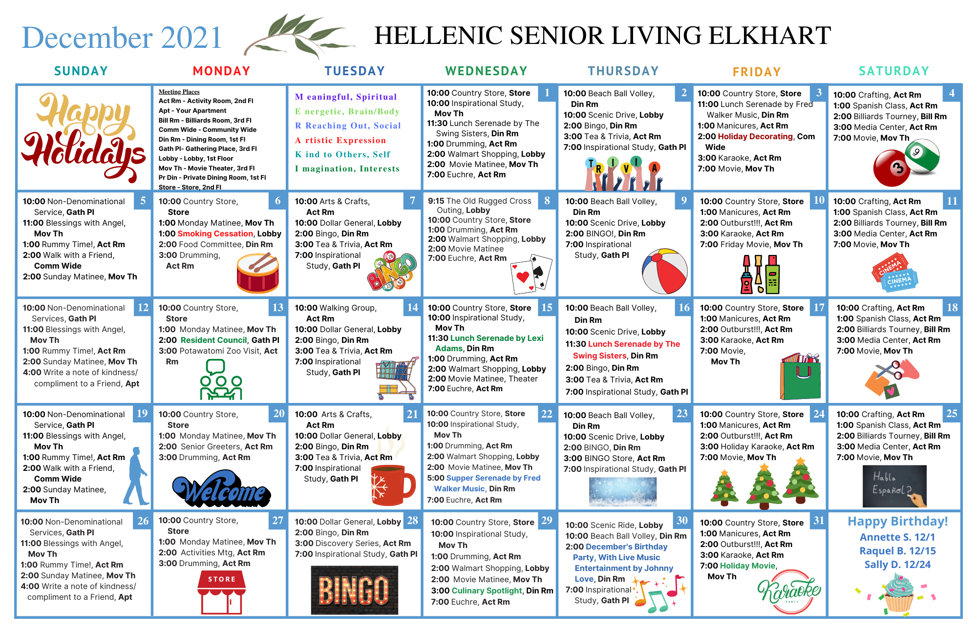 December Activity Calendar. Monthly Activity Calendar for residents at Hellenic Senior Living of Elkhart for the month of December.