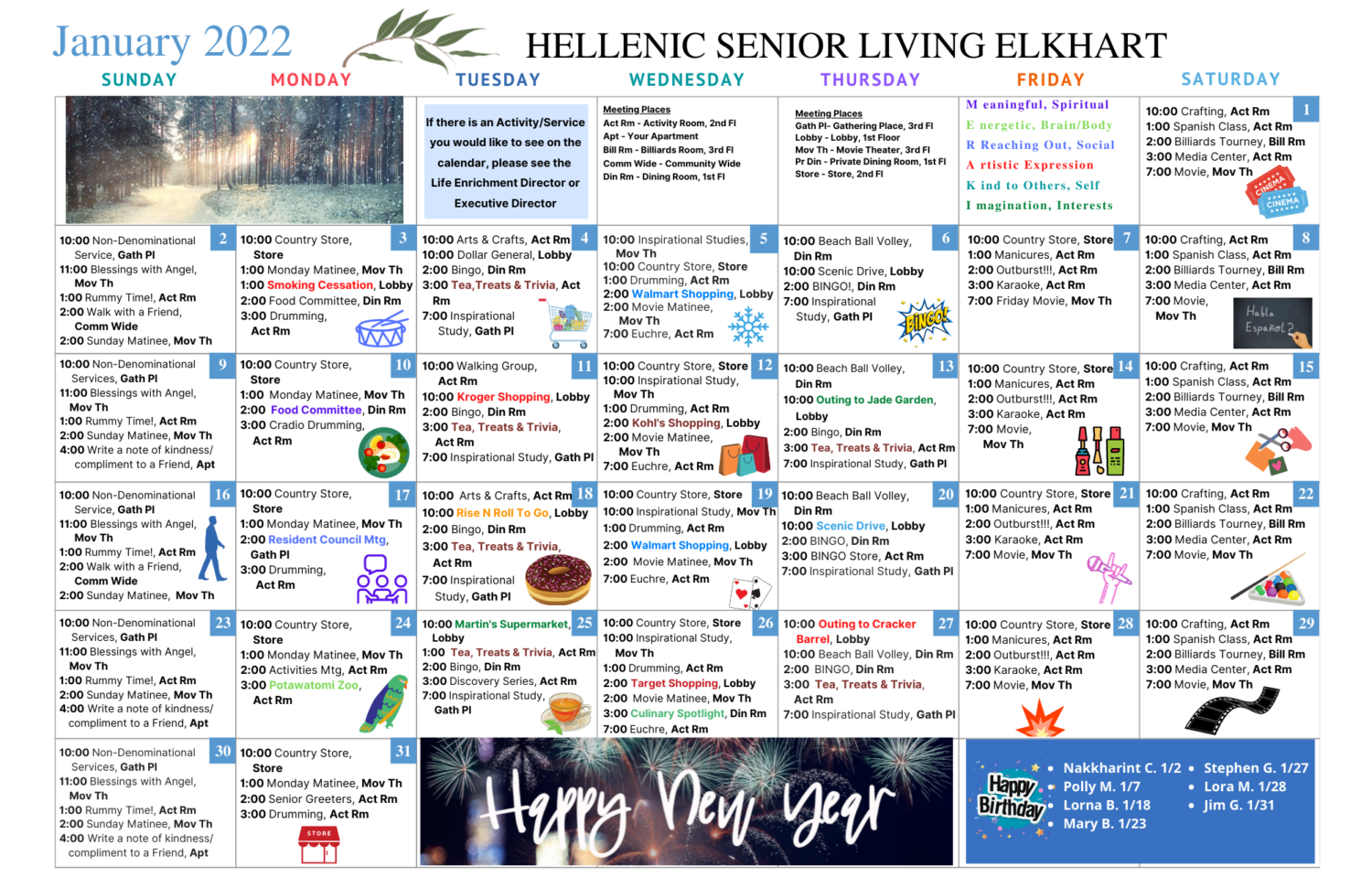 Monthly Activity Calendar for January 2022 for residents at Hellenic Senior Living Elkhart
