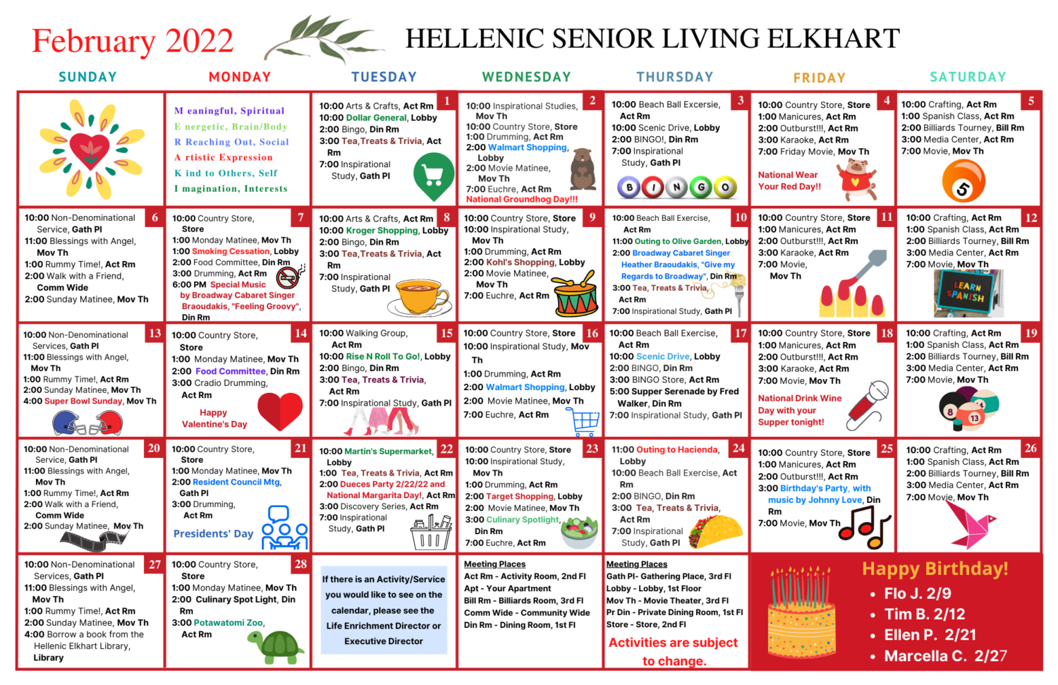 February Activity Calendar for Hellenic Senior Living of Elkhart
