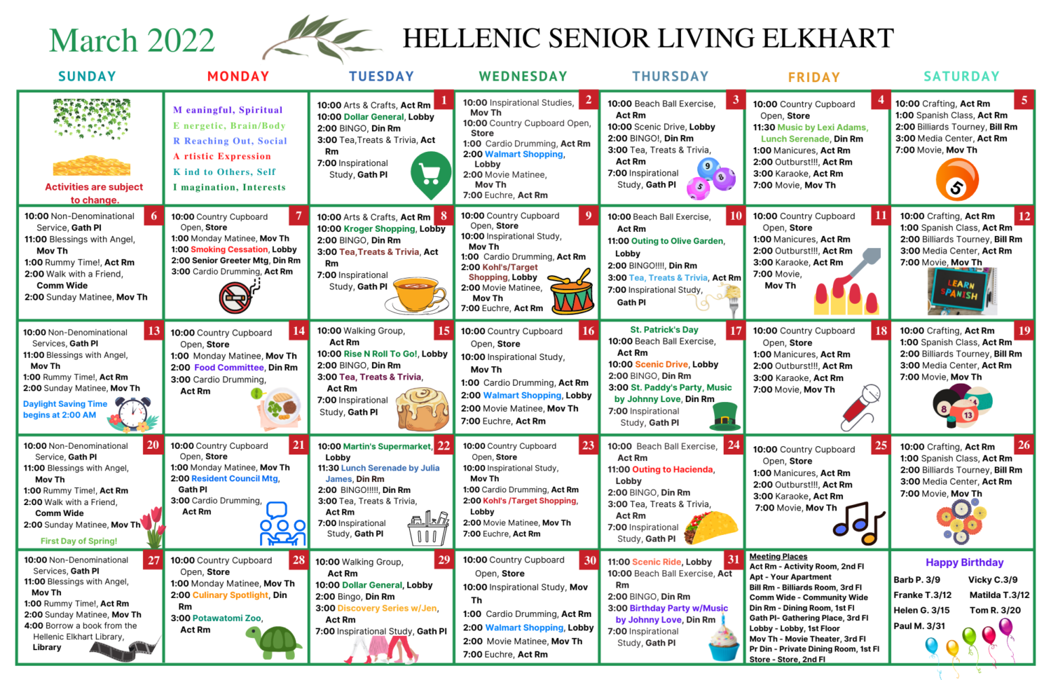 March Activity Calendar for Hellenic Senior Living