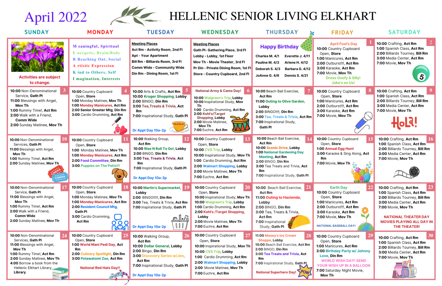 Hellenic Senior Living of Elkhart Activity Calendar